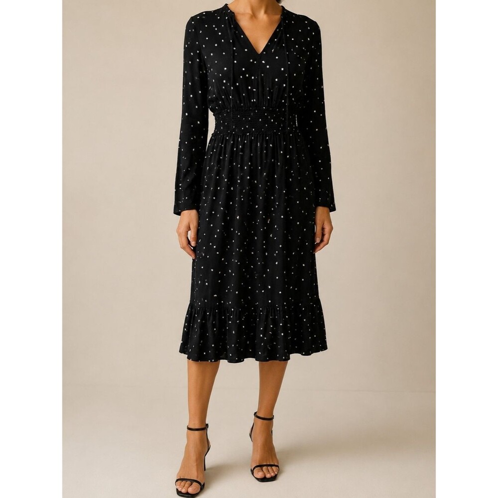 Rails Joy Onyx Starburst Print Midi Dress Women's Medium Black Long Sleeve Smock